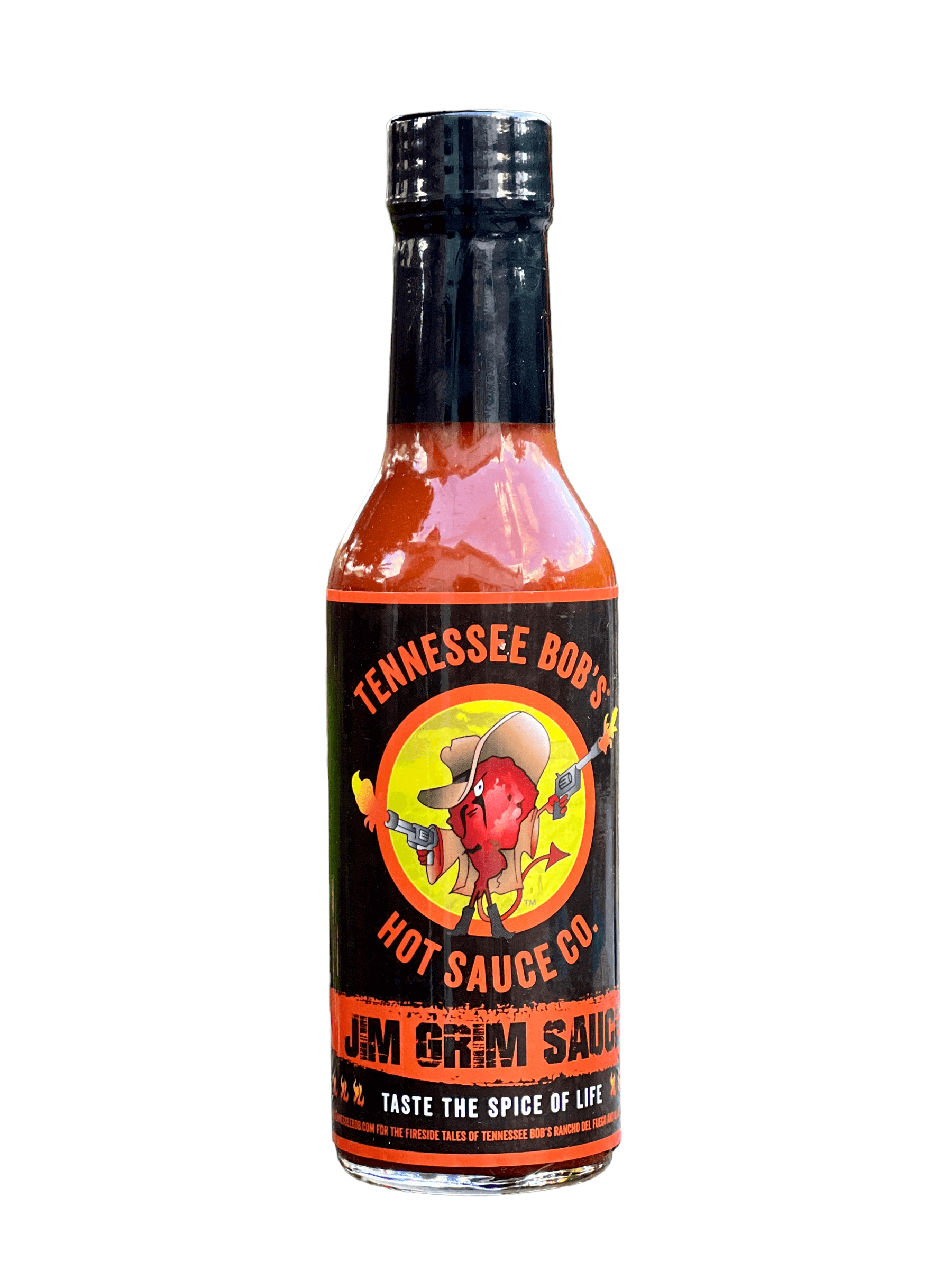 Tennessee Bob's hot sauce bottle with cowboy-themed label and black cap.
