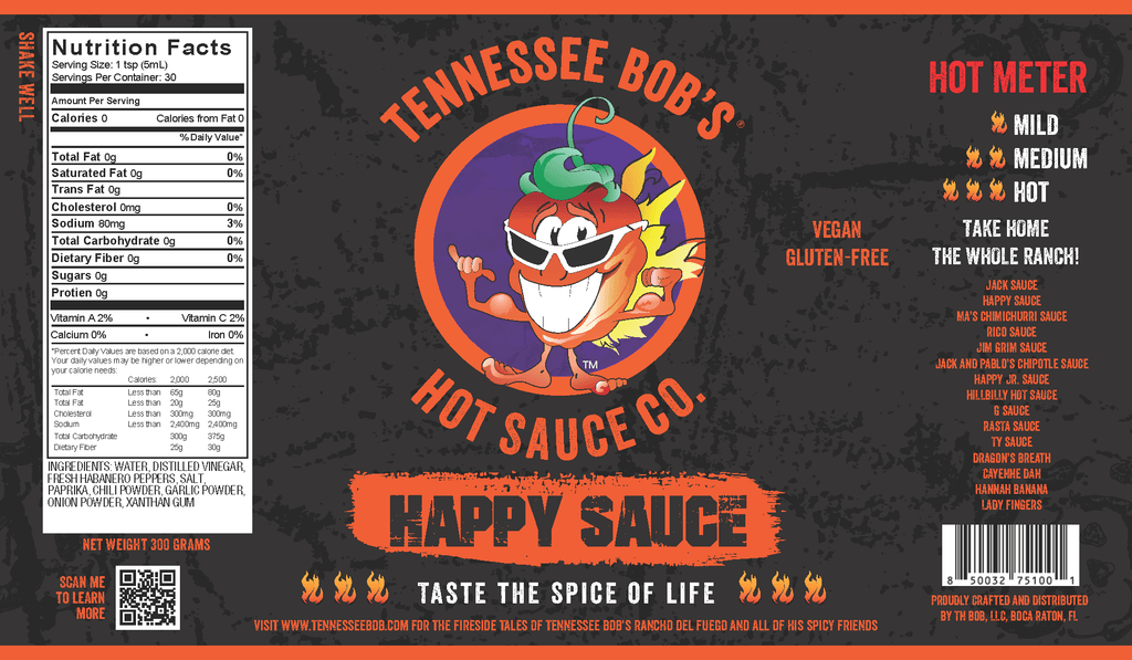 Tennessee Bob's Hot Sauce Co. label featuring a cartoon chili mascot; shows hot meter, nutrition facts, and QR code. Vegan and gluten-free.