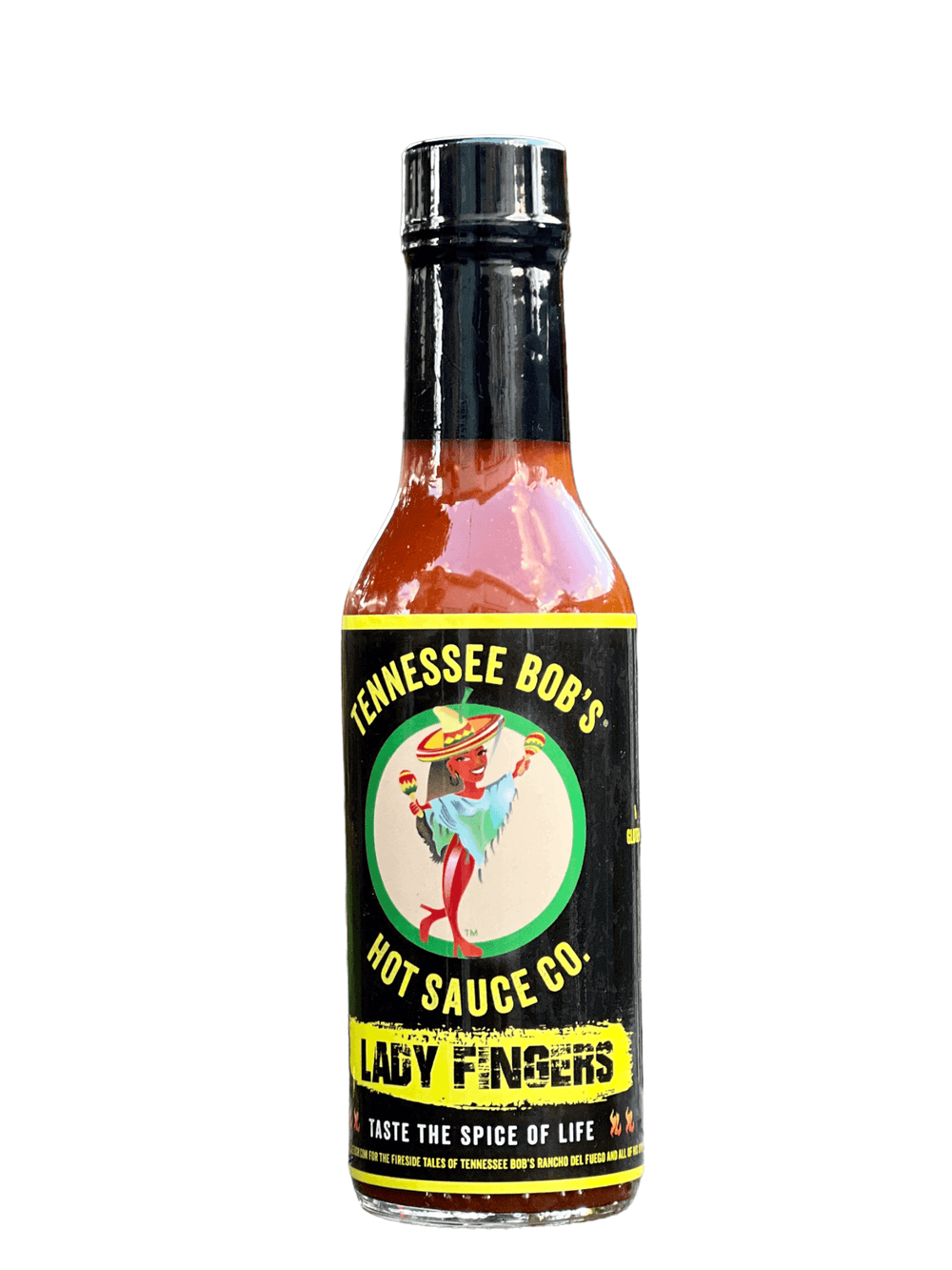 Tennessee Bob's Hot Sauce Co. Lady Fingers bottle with colorful label featuring a dancing figure.