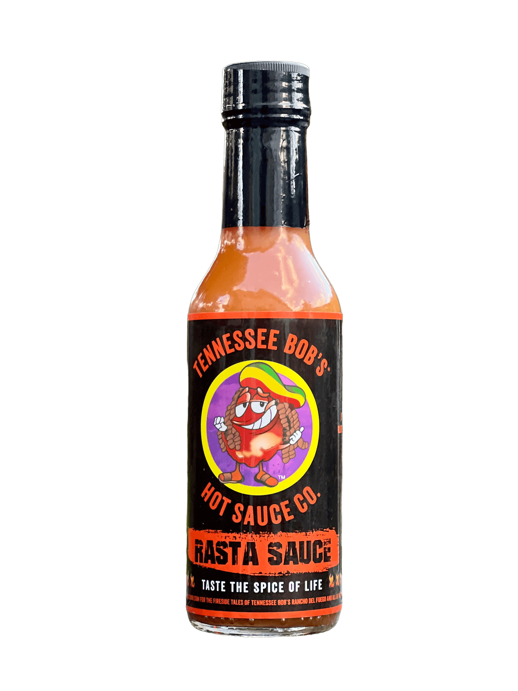 Tennessee Bob's Hot Sauce Co. Rasta Sauce bottle with colorful label on black background.