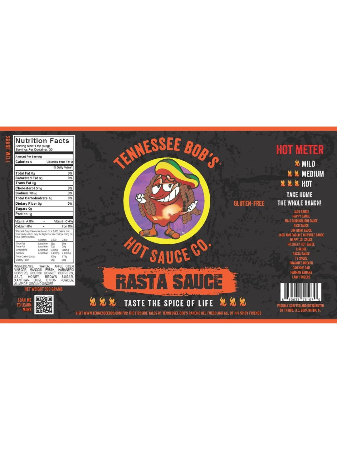 Tennessee Bob's Hot Sauce Co. Rasta Sauce label featuring a cartoon hot pepper with dreadlocks and a Jamaican hat, spice meter indicating hotness levels, and nutrition facts.
