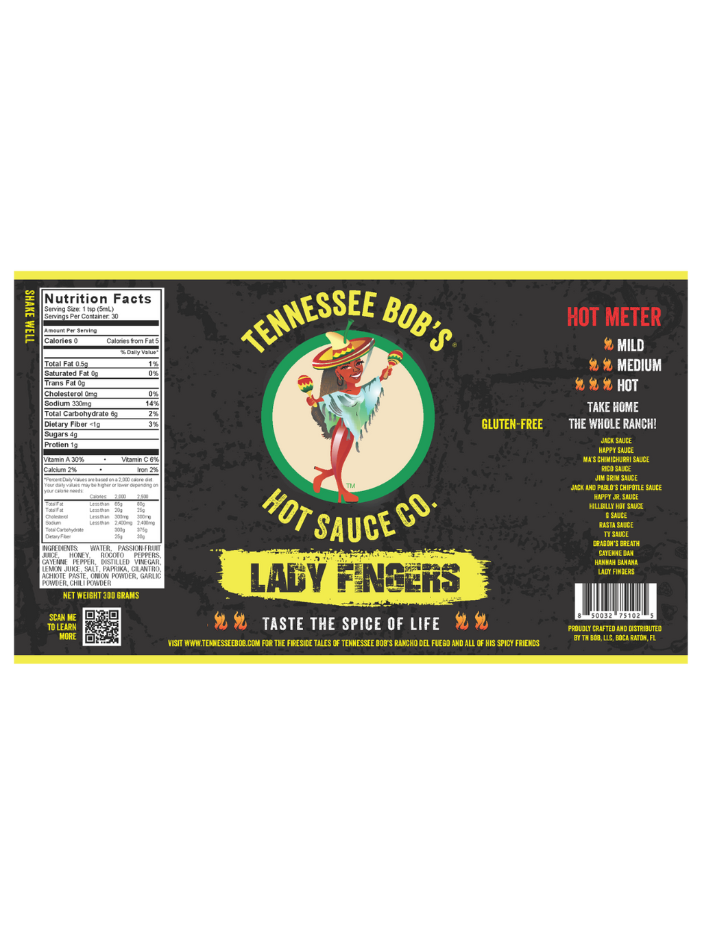 Tennessee Bob's Hot Sauce label featuring "Lady Fingers" with a spicy heat meter and nutritional information.
