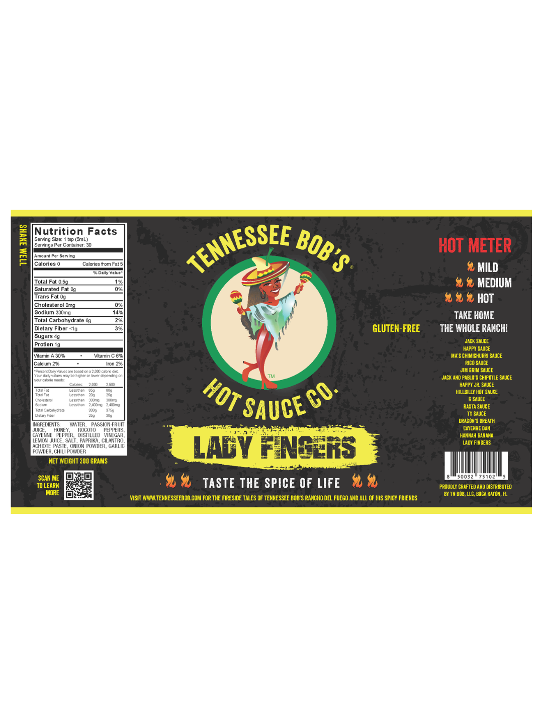 Tennessee Bob's Hot Sauce label featuring "Lady Fingers" with a spicy heat meter and nutritional information.