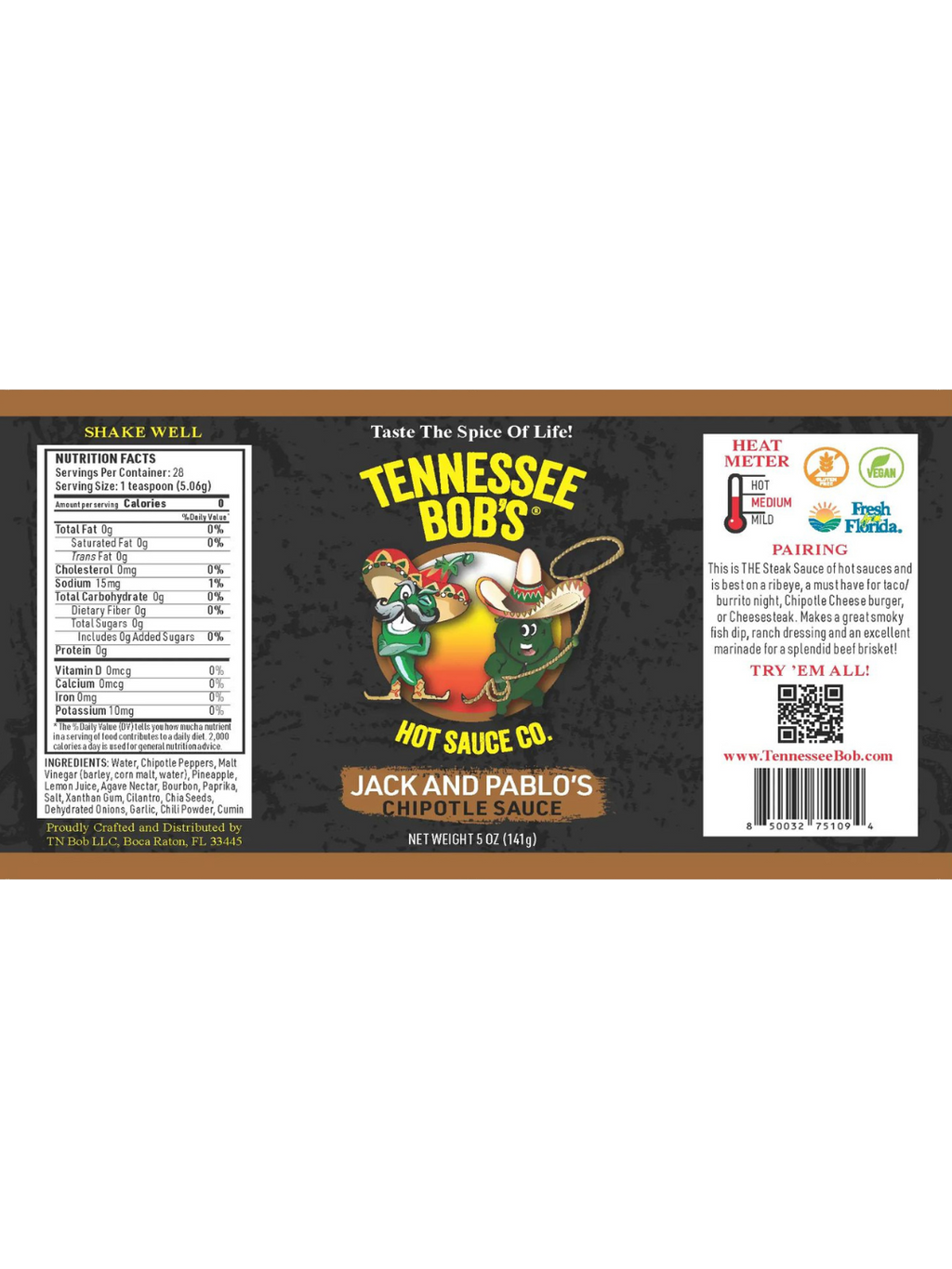 Tennessee Bob's Jack and Pablo's Chipotle Sauce label featuring cartoon peppers and sombreros, nutritional facts, and pairing suggestions.