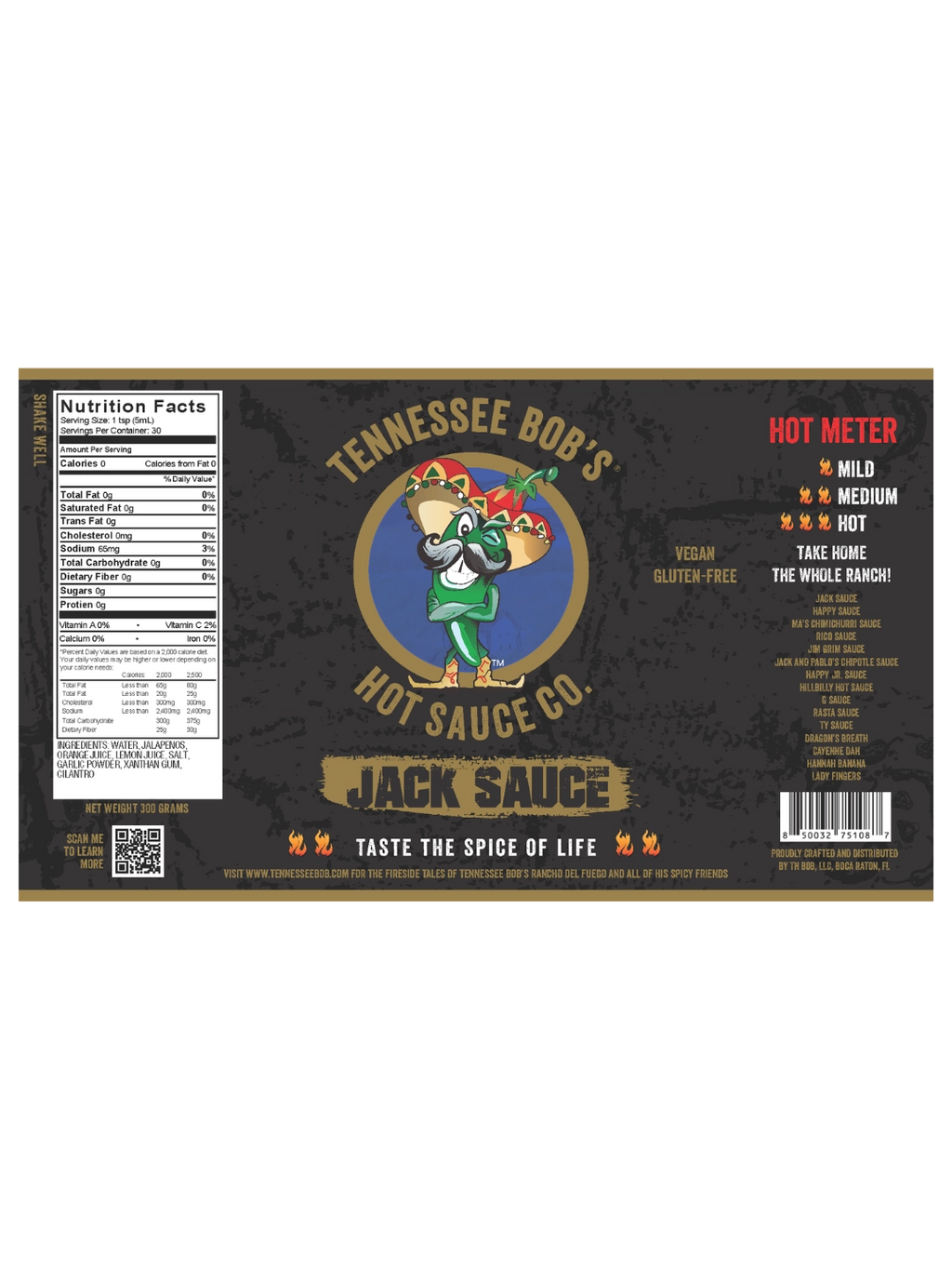 Tennessee Bob's Jack Sauce label featuring a jalapeño character with a sombrero, spice level chart, and nutritional information.
