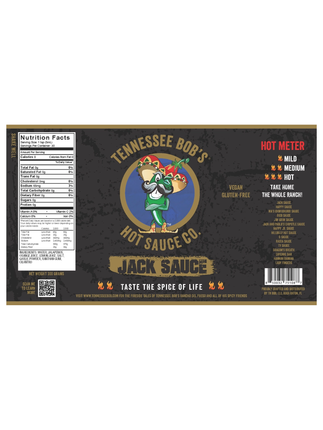 Tennessee Bob's Jack Sauce label featuring a jalapeño character with a sombrero, spice level chart, and nutritional information.