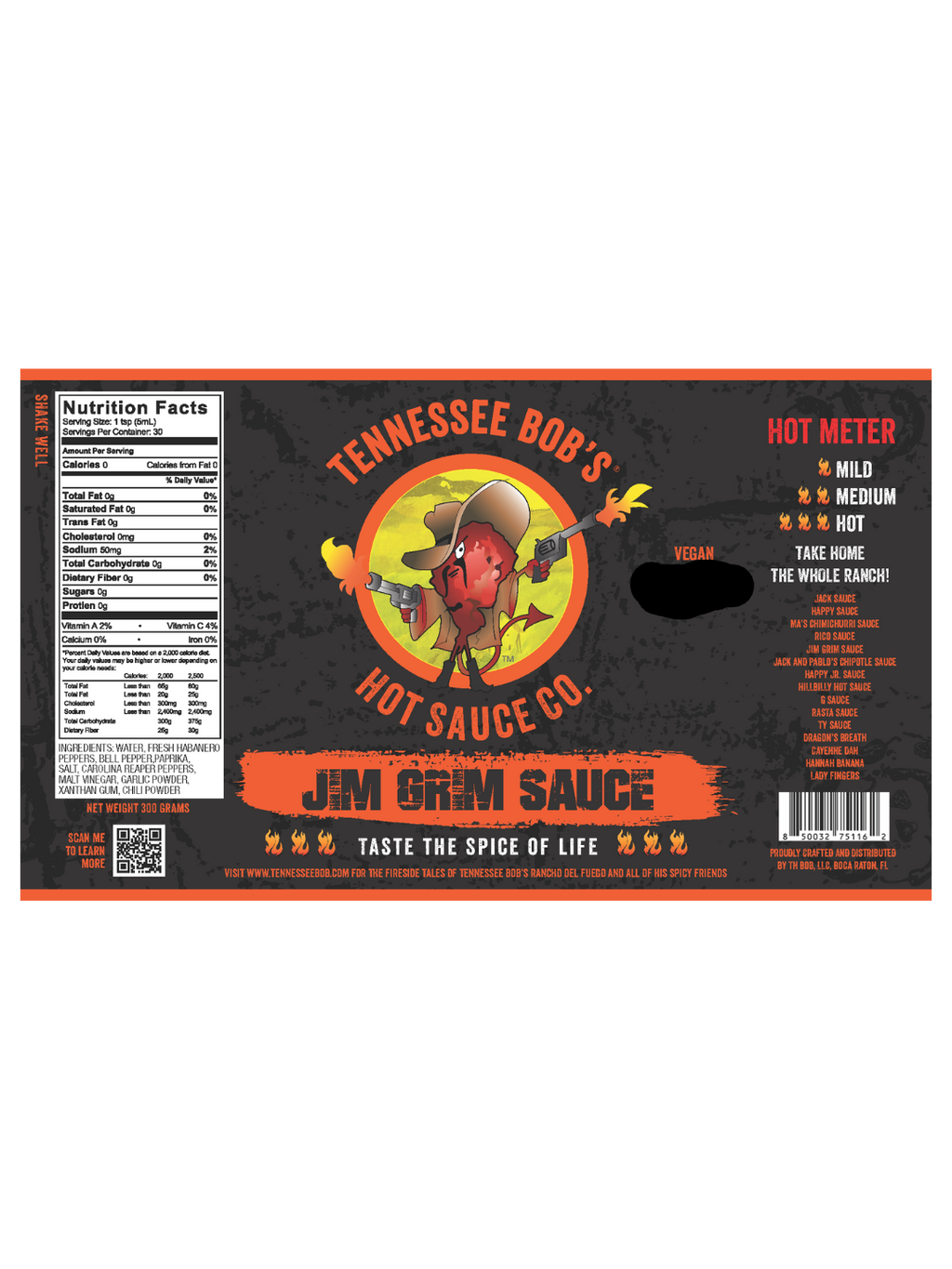 Tennessee Bob's Jim Grim Sauce label featuring a cartoon chili character with guns, spice level indicators, and nutritional information.