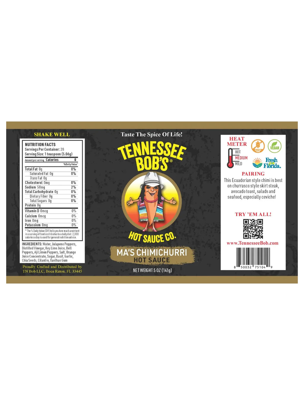 Tennessee Bob’s Ma’s Chimichurri Hot Sauce label with nutritional facts and pairing suggestions.