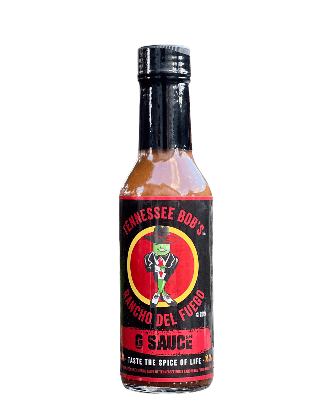 Tennessee Bob's Rancho Del Fuego G Sauce bottle with a colorful label design.