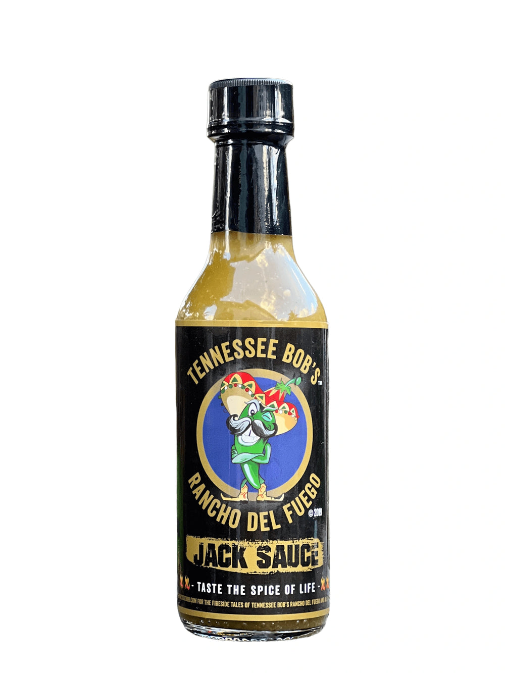 Tennessee Bob's Rancho Del Fuego Jack Sauce bottle with colorful label.