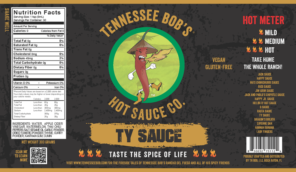 Tennessee Bob's Ty Sauce label featuring a dancing chili pepper, nutritional facts, and a hot meter indicator. Vegan and gluten-free.