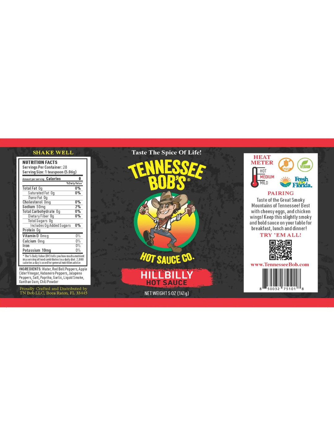 Tennessee Bob's Hillbilly Hot Sauce label with nutritional facts, pairing suggestions, and heat meter.
