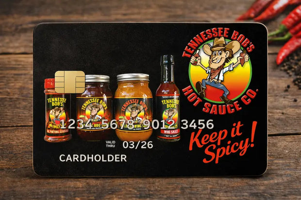 Tennessee Bob's Hot Sauce Co gift card featuring spicy sauce bottles on wood background with spicy theme.