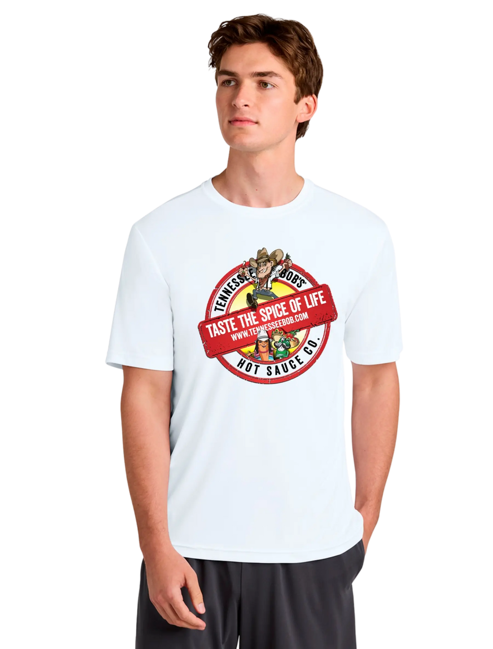 Unisex white T-shirt with "Taste the Spice of Life" hot sauce logo, worn by a male model.