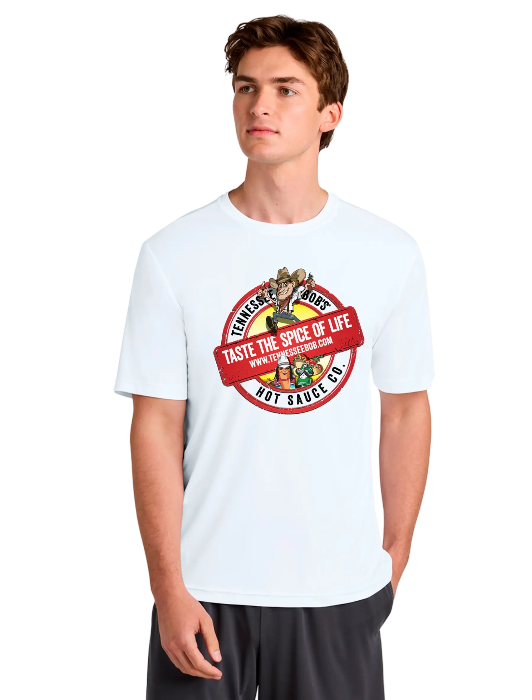 Unisex white T-shirt with "Taste the Spice of Life" hot sauce logo, worn by a male model.