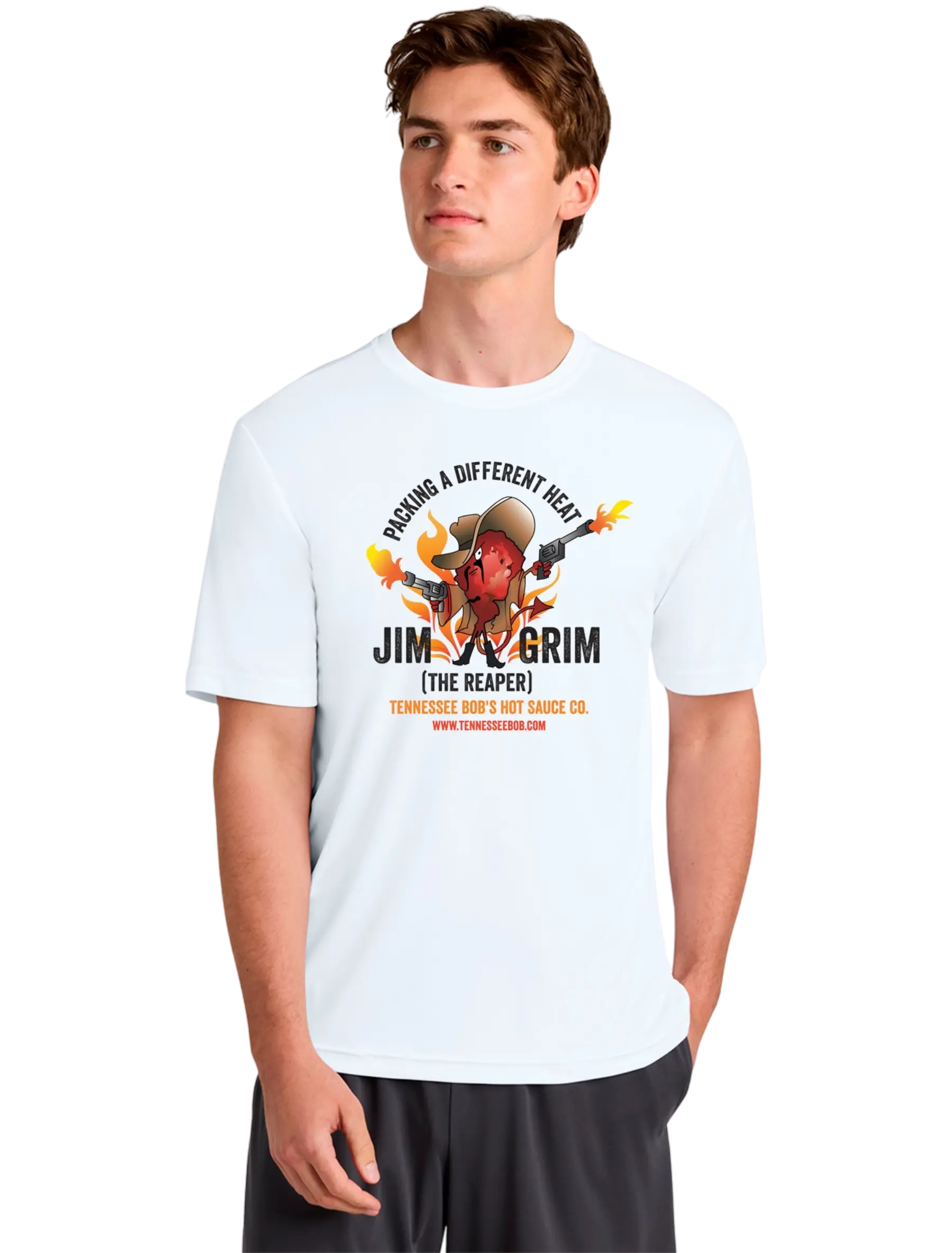 White t-shirt featuring a cartoon reaper surrounded by flames, promoting Jim & Grim hot sauce with bold text and website link.